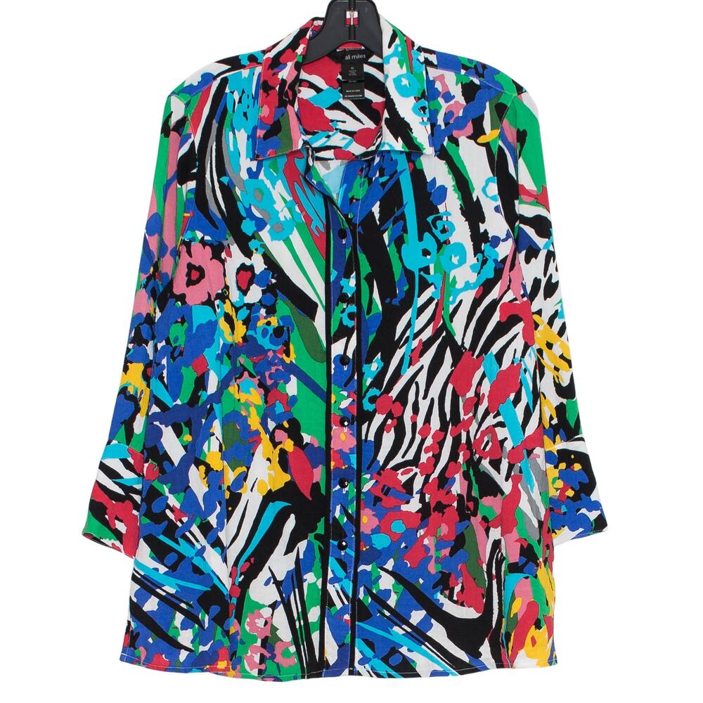 Ali Miles Abstract Colorful Art Teacher Statement Top Button Up 3/4 Sleeve M 80s